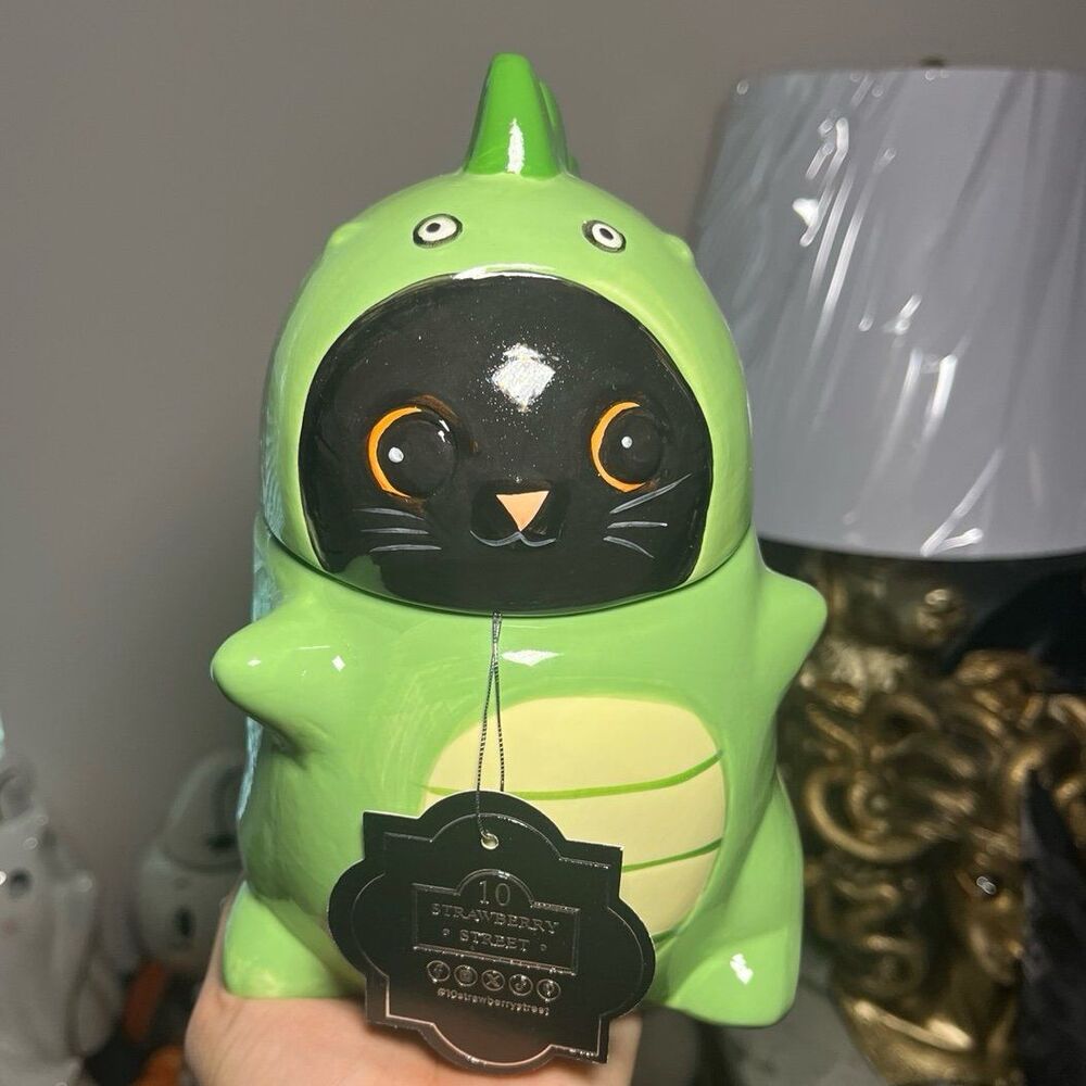 10 Strawberry Street Black Cat in Green Dinosaur Suit Costume Cookie Treat Jar